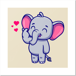 Cute Elephant With love Sign Hand Cartoon Posters and Art